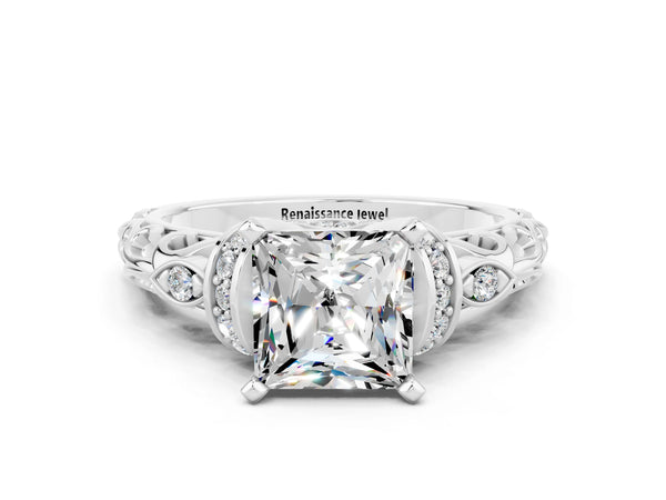 Platinum Princess Cut Moissanite Solitaire Ring with Filigree Band and Four-Prong Setting