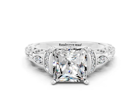 White gold Princess Cut Moissanite Solitaire Ring with Filigree Band and Four-Prong Setting_36