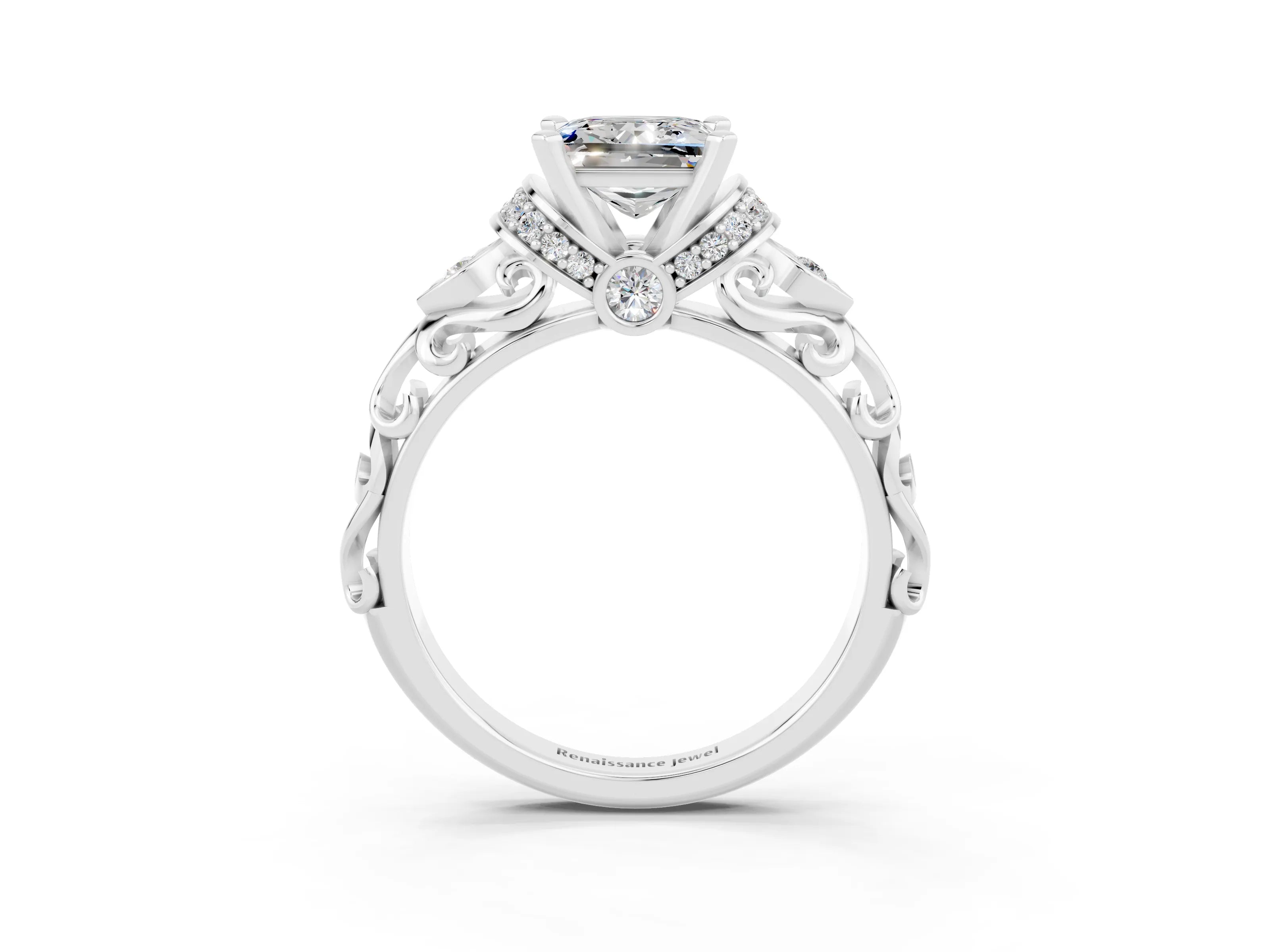 White gold Princess Cut Moissanite Solitaire Ring with Filigree Band and Four-Prong Setting_39