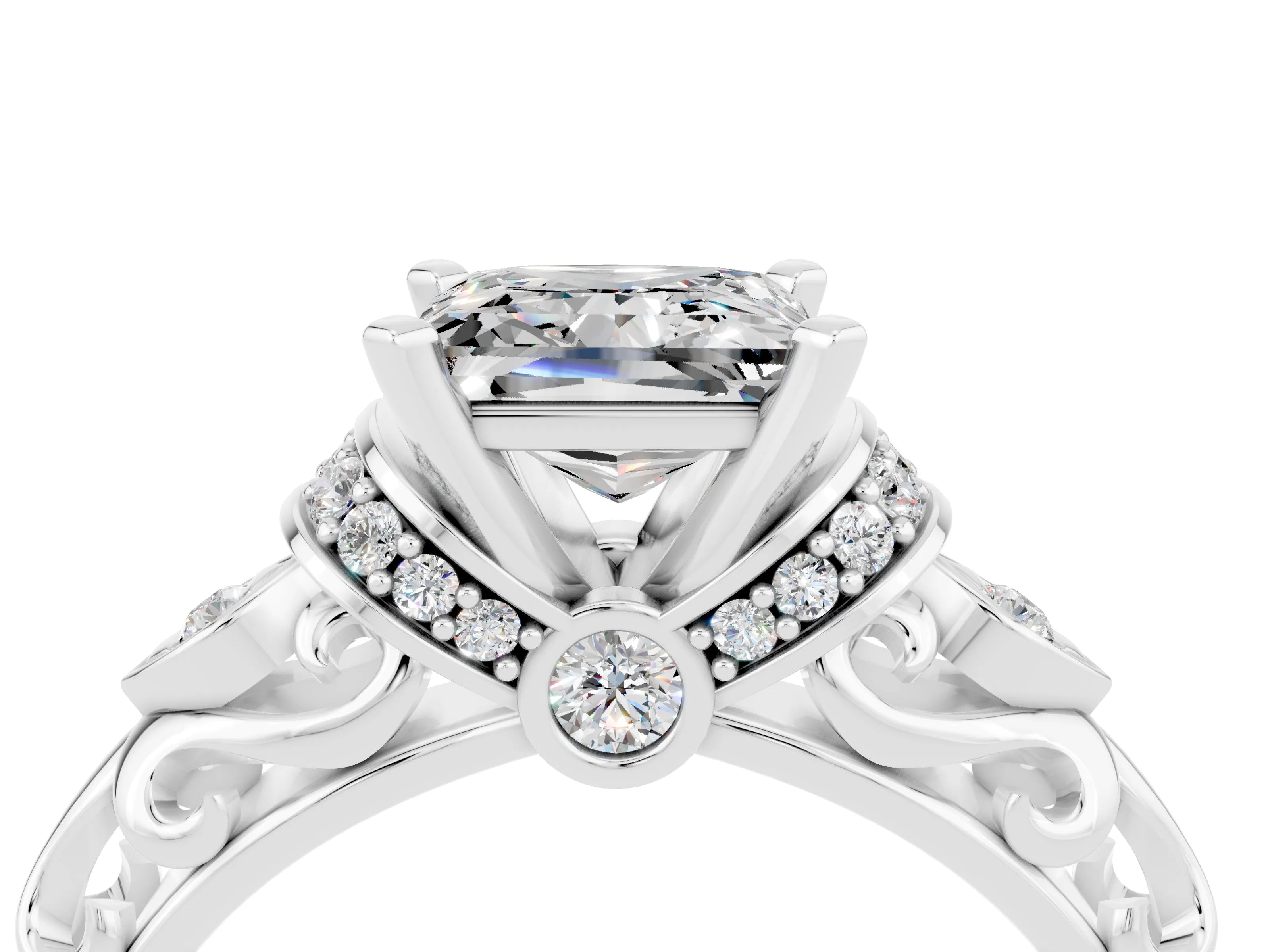 White gold Princess Cut Moissanite Solitaire Ring with Filigree Band and Four-Prong Setting_40