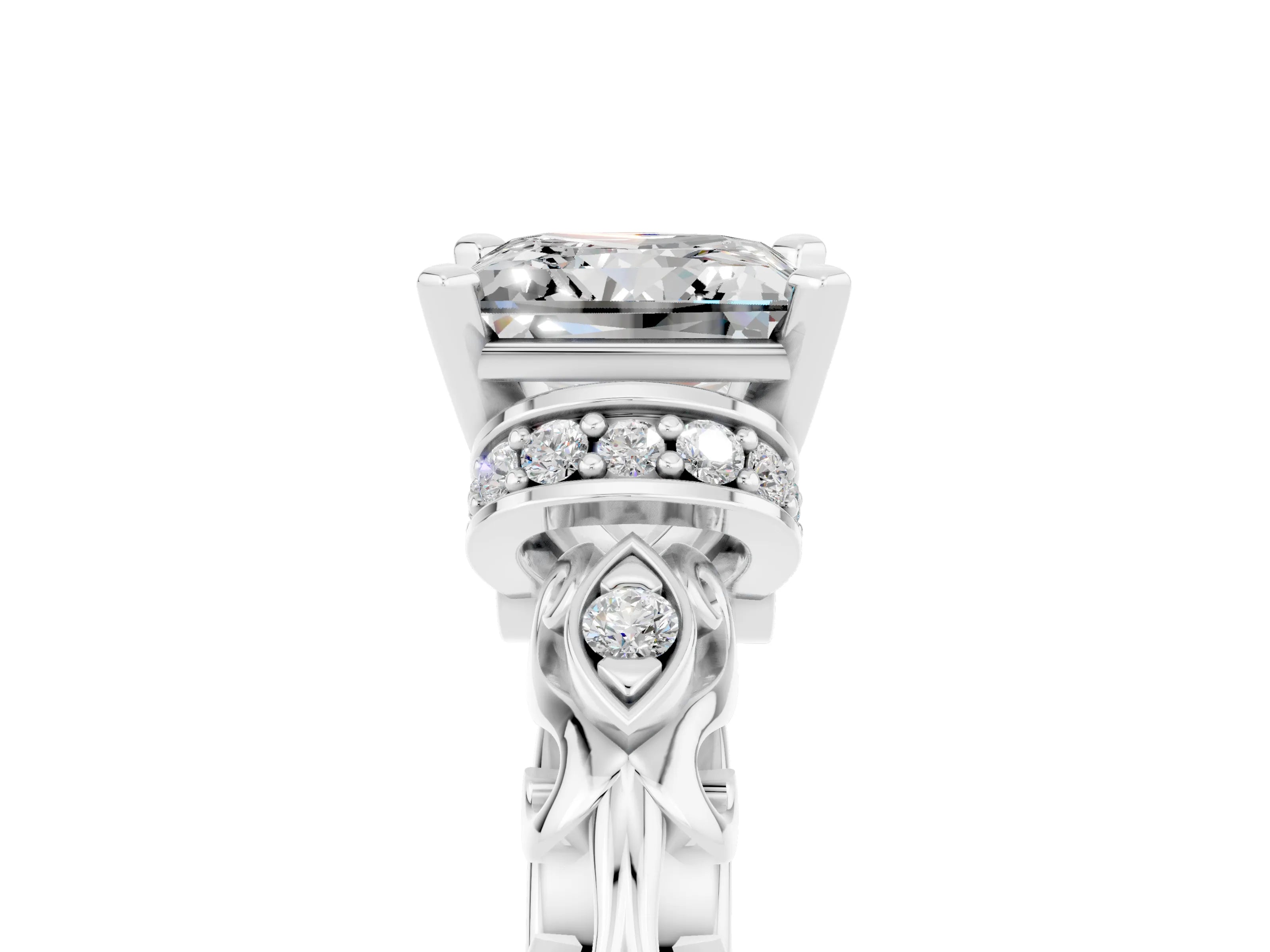 White gold Princess Cut Moissanite Solitaire Ring with Filigree Band and Four-Prong Setting_41