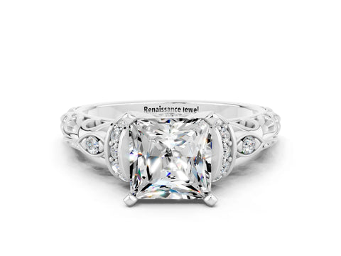 White gold Princess Cut Moissanite Solitaire Ring with Filigree Band and Four-Prong Setting_45