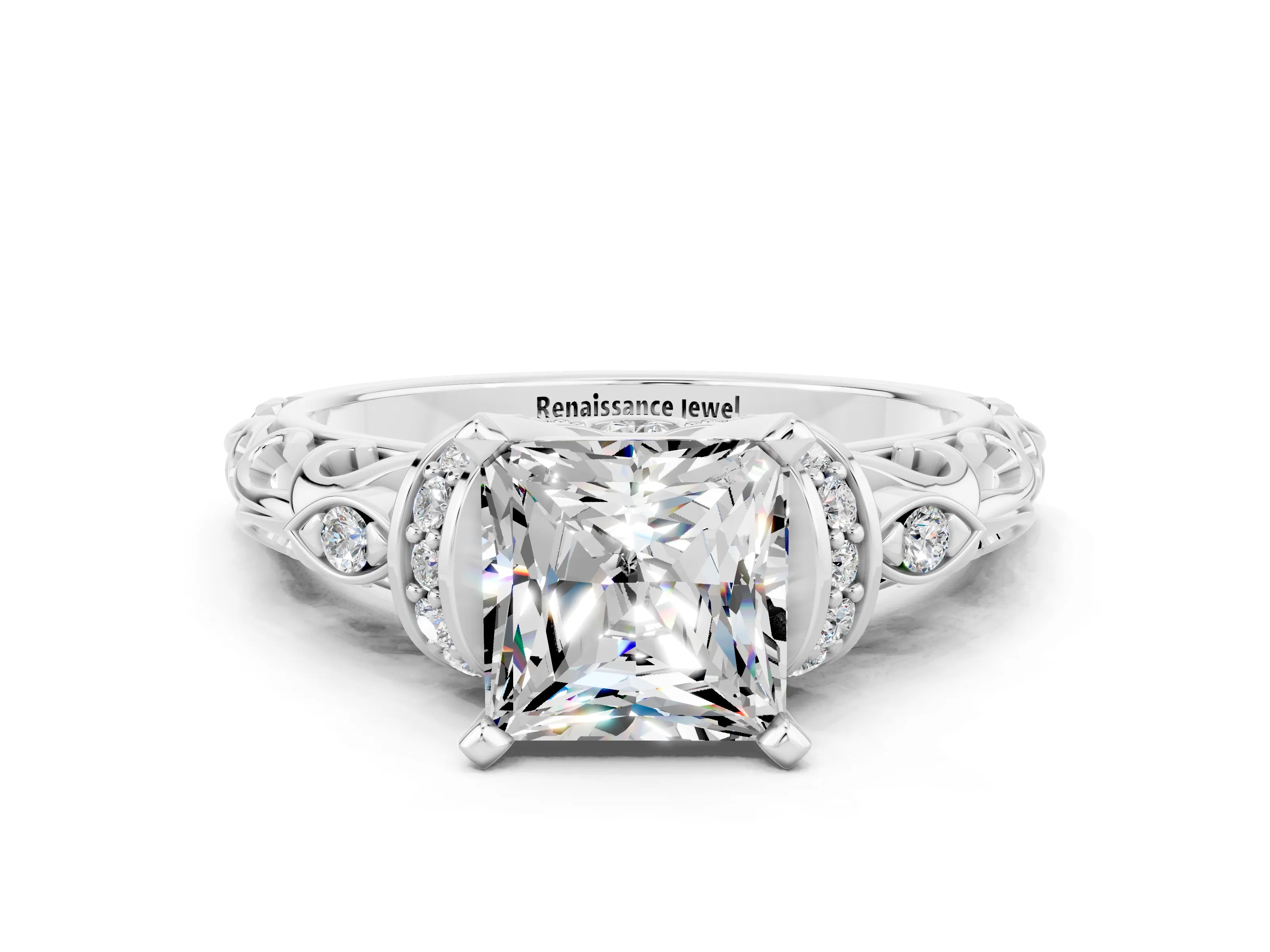 White gold Princess Cut Moissanite Solitaire Ring with Filigree Band and Four-Prong Setting_48