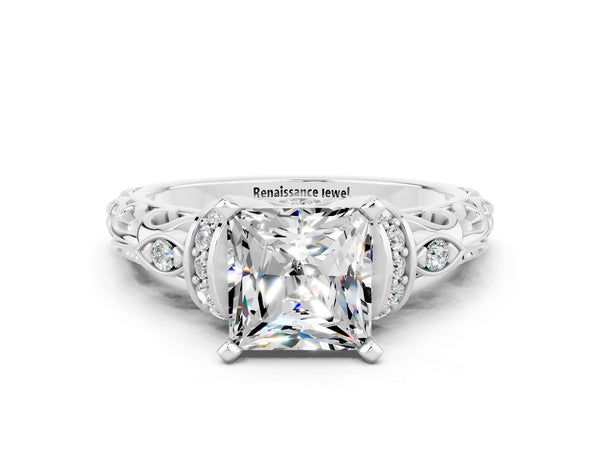 Platinum Princess Cut Moissanite Solitaire Ring with Filigree Band and Four-Prong Setting