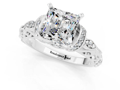 White gold Princess Cut Moissanite Solitaire Ring with Filigree Band and Four-Prong Setting_49