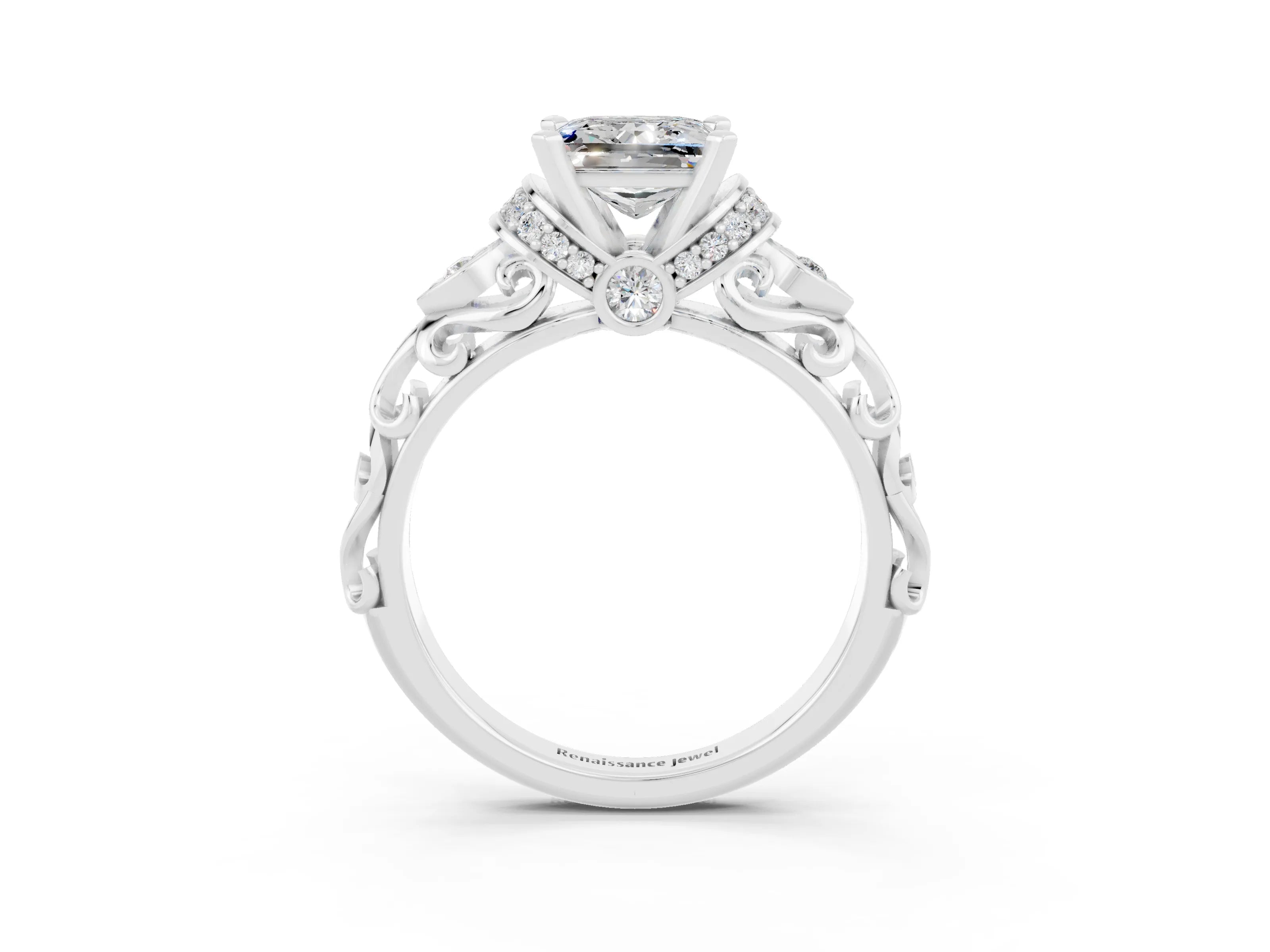 White gold Princess Cut Moissanite Solitaire Ring with Filigree Band and Four-Prong Setting_51