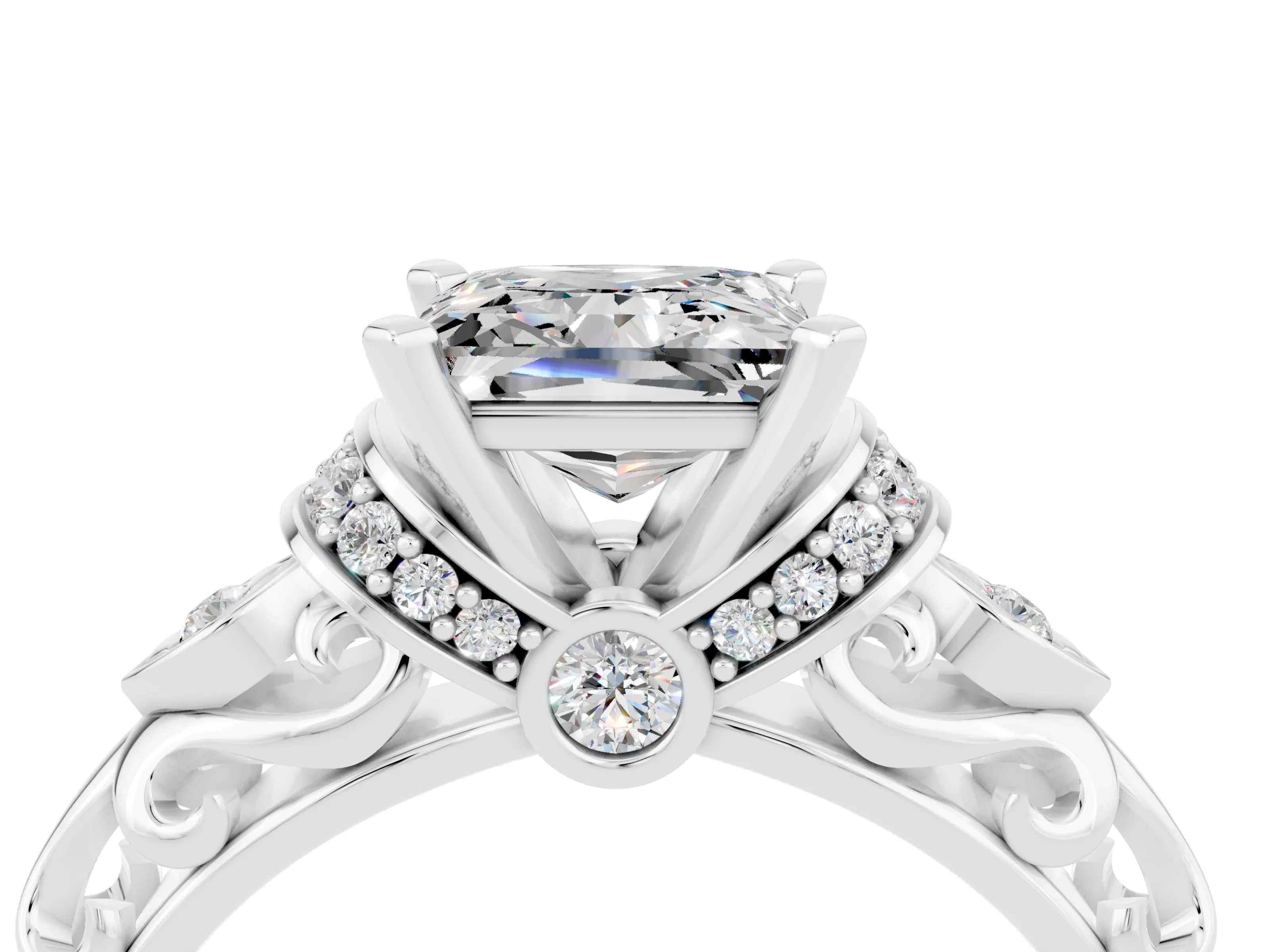 White gold Princess Cut Moissanite Solitaire Ring with Filigree Band and Four-Prong Setting_52