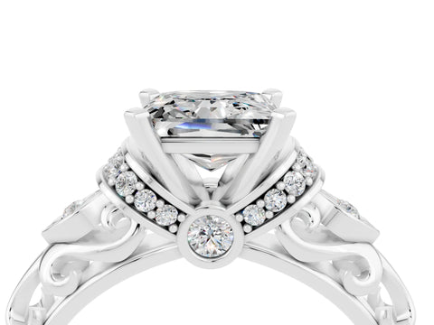 White gold Princess Cut Moissanite Solitaire Ring with Filigree Band and Four-Prong Setting_52