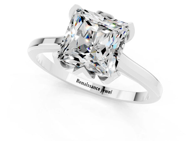 Platinum Princess Cut Moissanite Solitaire Ring with Flower Prong Setting and Classic Band