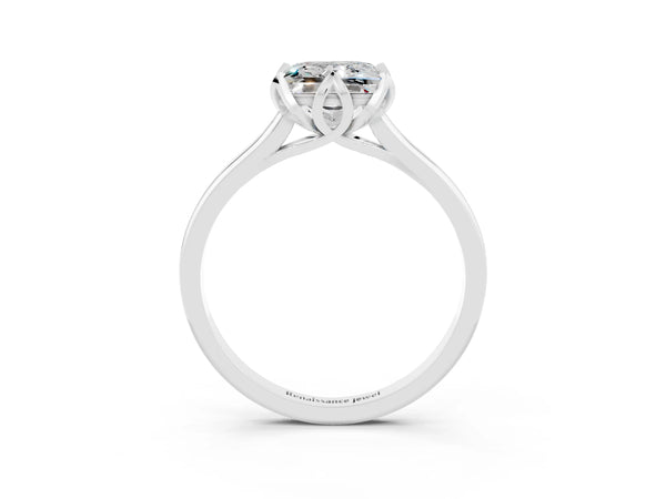 Silver Princess Cut Moissanite Solitaire Ring with Flower Prong Setting and Classic Band