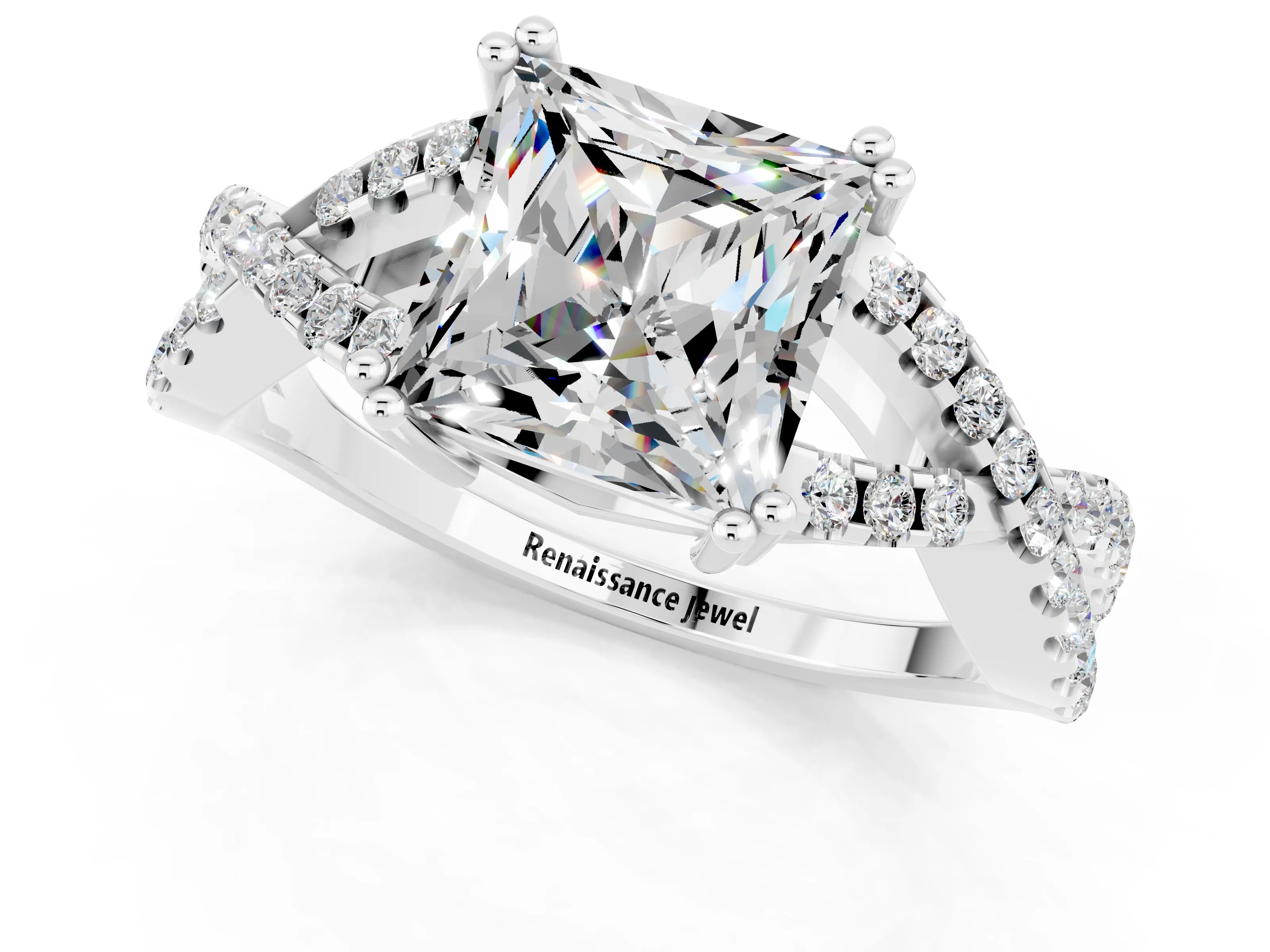 White gold Princess Cut Moissanite Solitaire Ring with Four-Prong Setting and Twisted Pavé Band_1