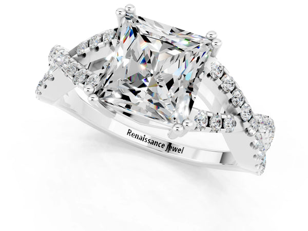 White gold Princess Cut Moissanite Solitaire Ring with Four-Prong Setting and Twisted Pavé Band