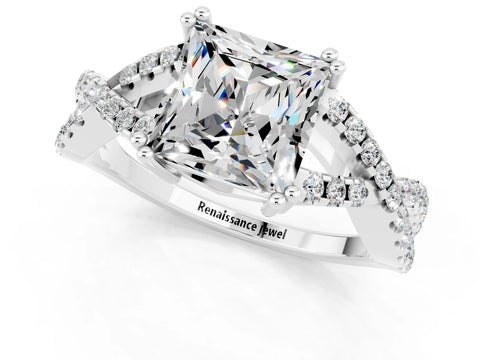 White gold Princess Cut Moissanite Solitaire Ring with Four-Prong Setting and Twisted Pavé Band_1
