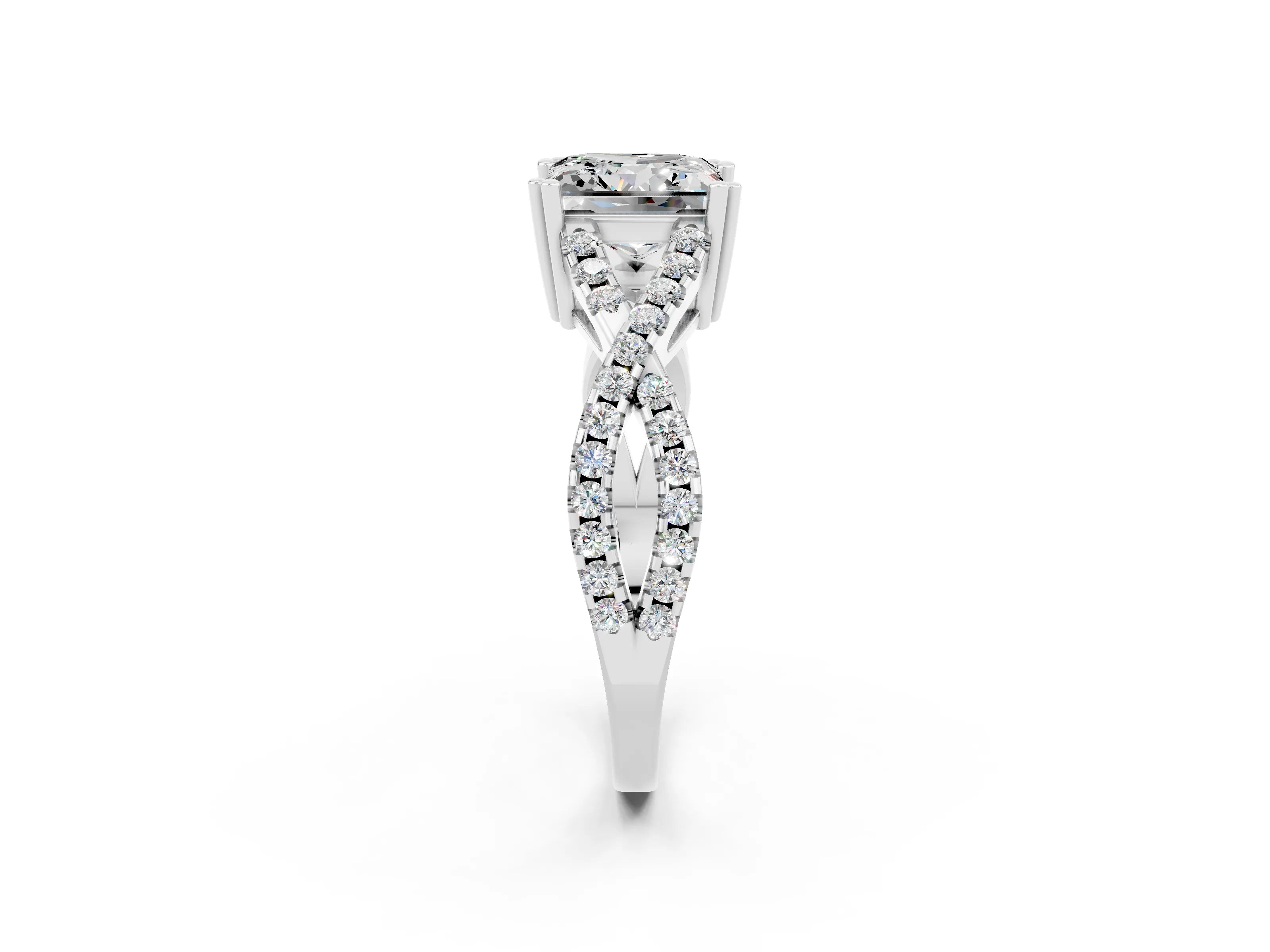 White gold Princess Cut Moissanite Solitaire Ring with Four-Prong Setting and Twisted Pavé Band_2