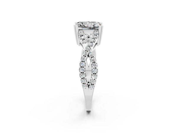 Silver Princess Cut Moissanite Solitaire Ring with Four-Prong Setting and Twisted Pavé Band