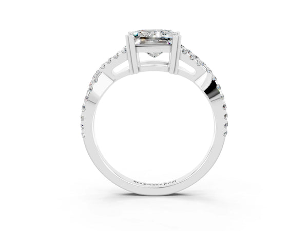 Silver Princess Cut Moissanite Solitaire Ring with Four-Prong Setting and Twisted Pavé Band