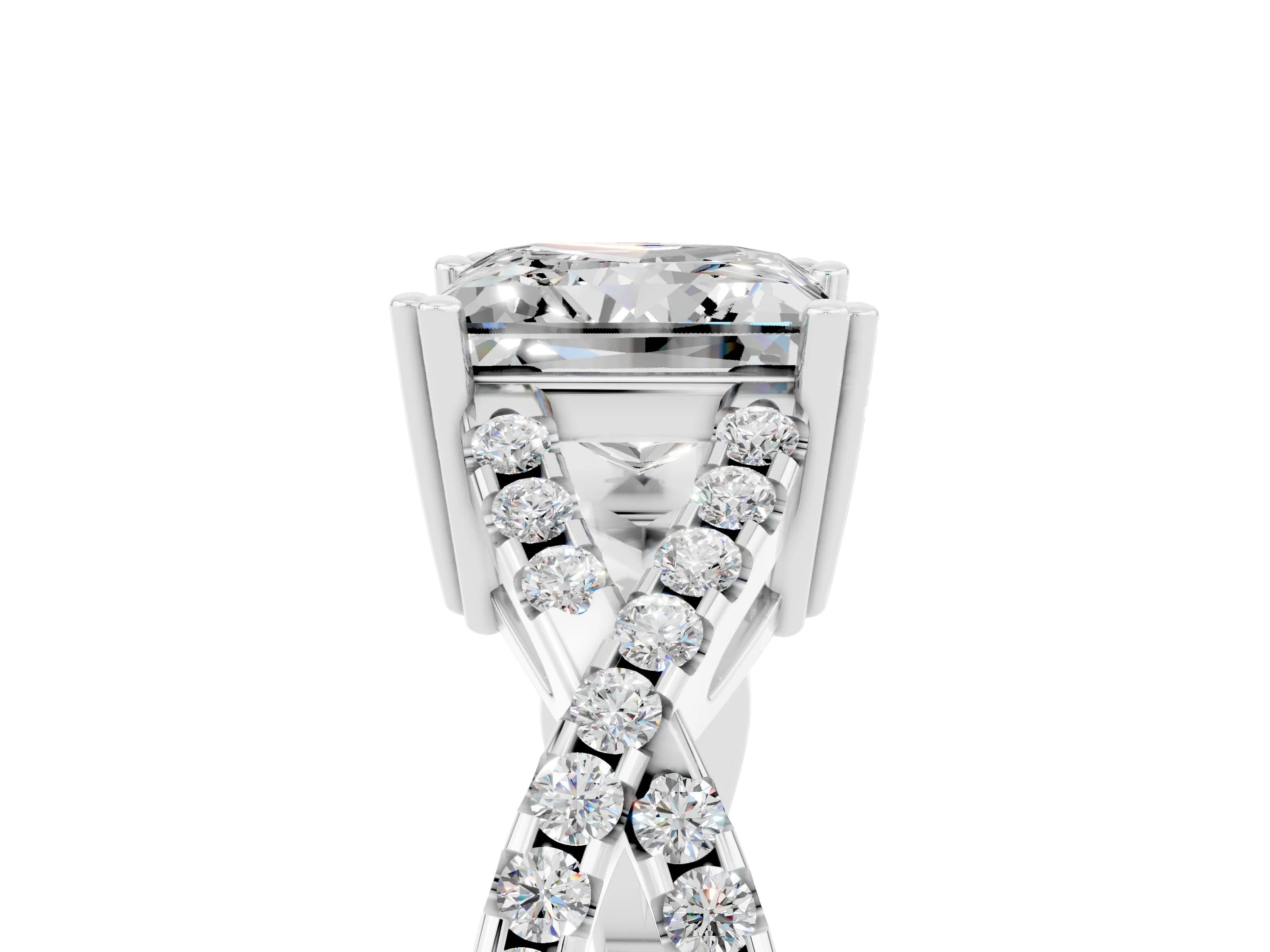 White gold Princess Cut Moissanite Solitaire Ring with Four-Prong Setting and Twisted Pavé Band_5
