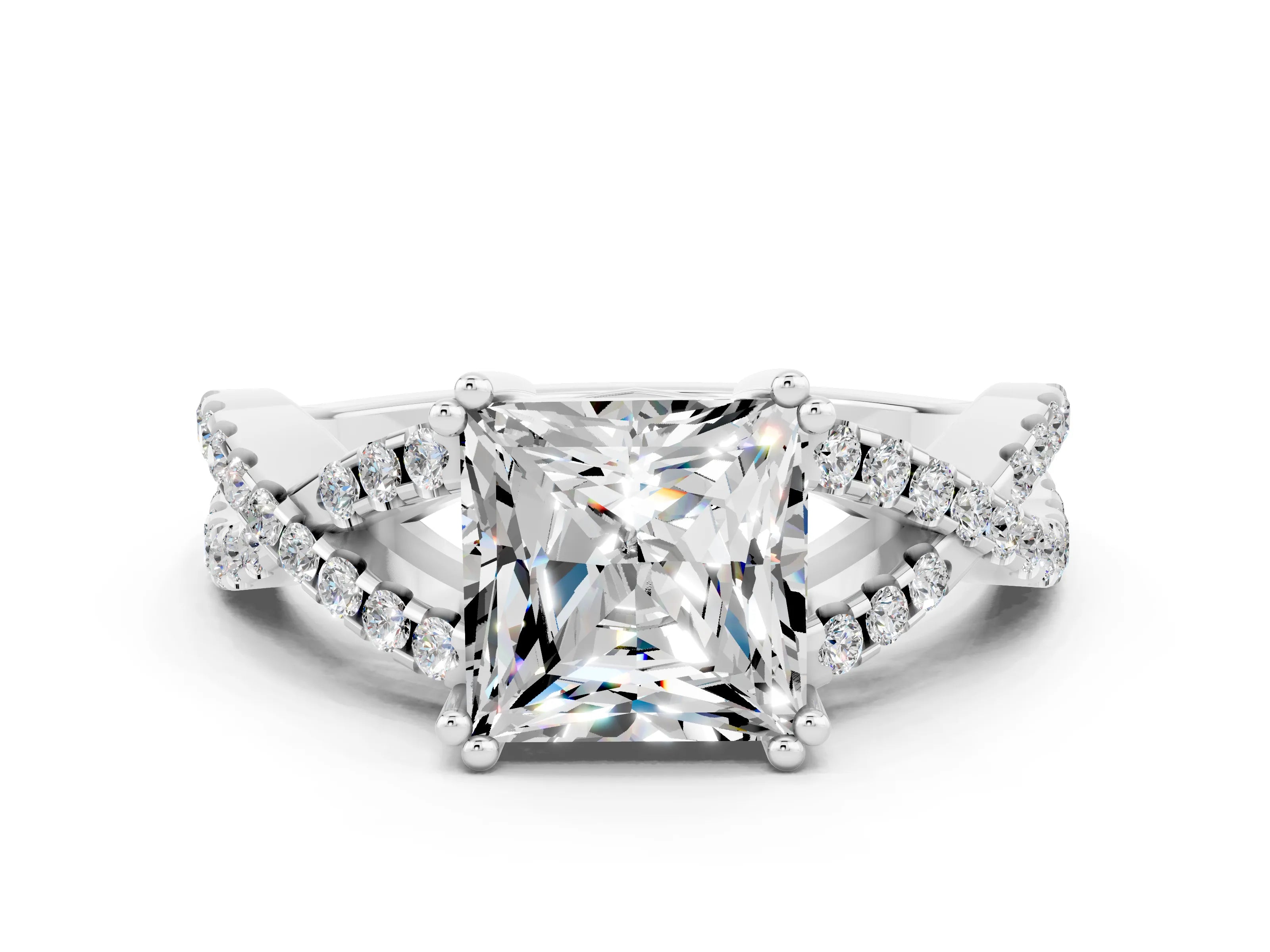 White gold Princess Cut Moissanite Solitaire Ring with Four-Prong Setting and Twisted Pavé Band