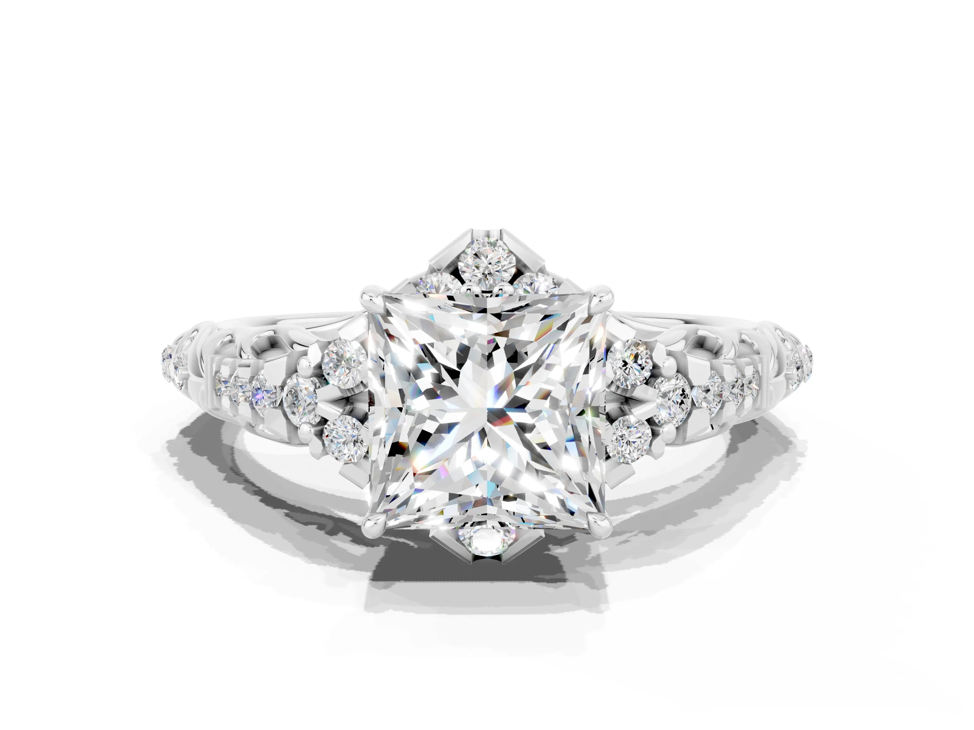 White gold Princess Cut Moissanite Solitaire Ring with Hidden Halo and Pavé Band_12