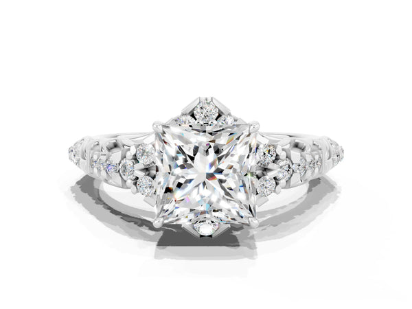White gold Princess Cut Moissanite Solitaire Ring with Hidden Halo and Pavé Band