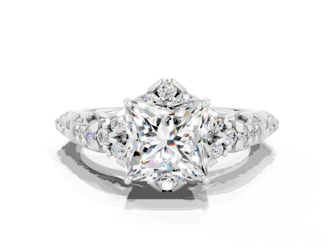 White gold Princess Cut Moissanite Solitaire Ring with Hidden Halo and Pavé Band_12