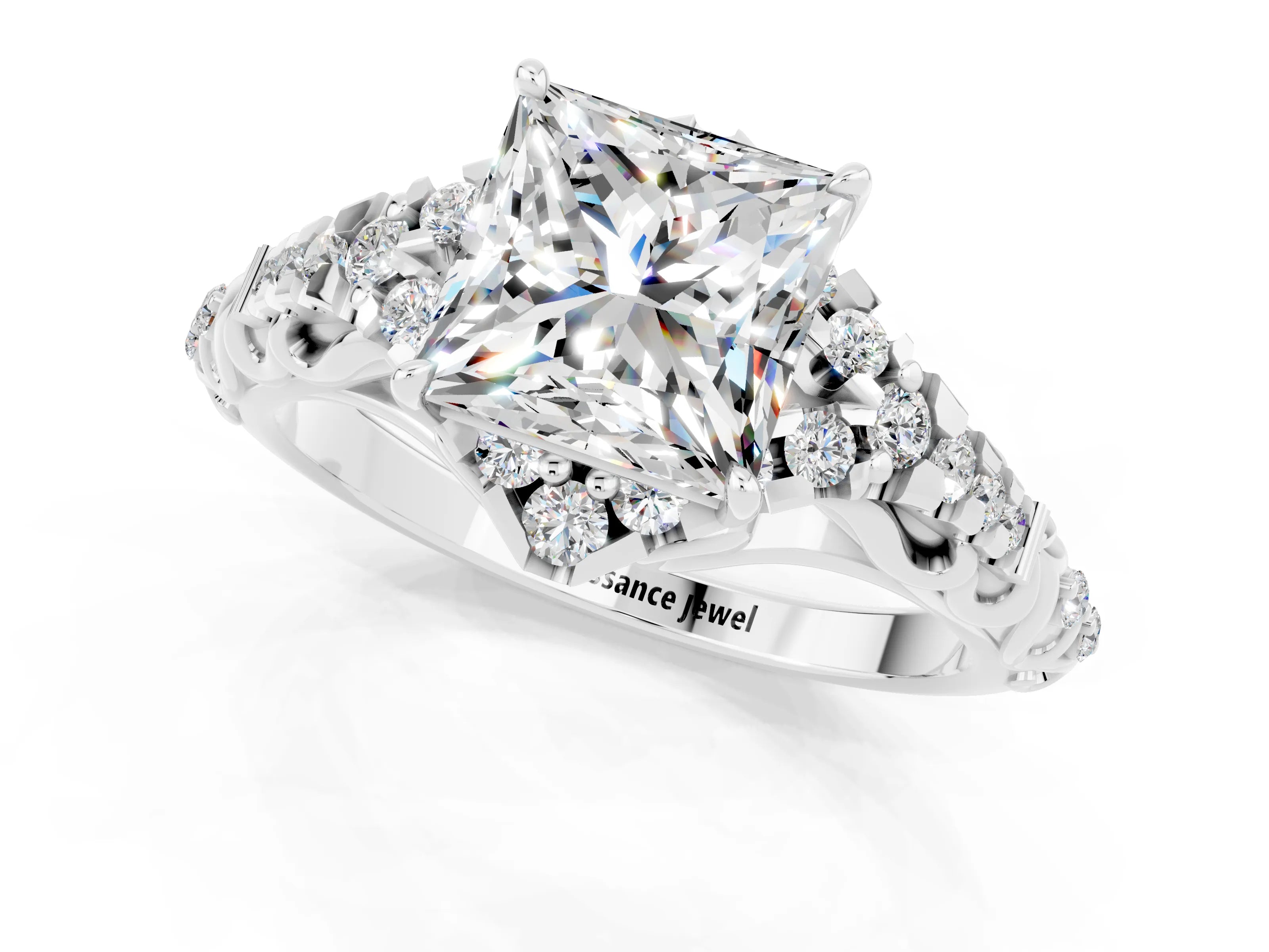 White gold Princess Cut Moissanite Solitaire Ring with Hidden Halo and Pavé Band_13