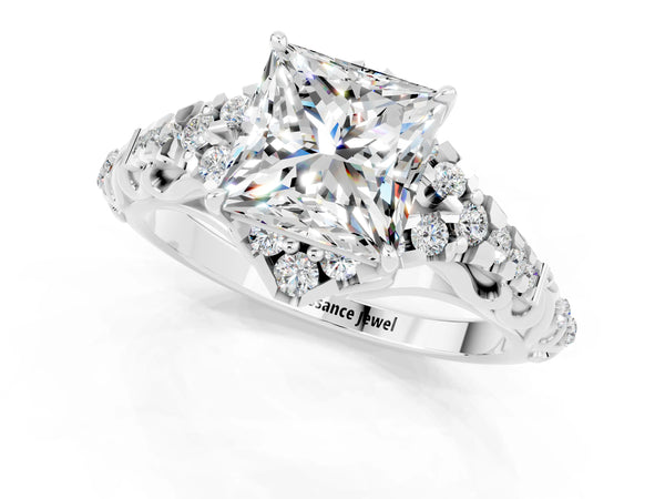 White gold Princess Cut Moissanite Solitaire Ring with Hidden Halo and Pavé Band