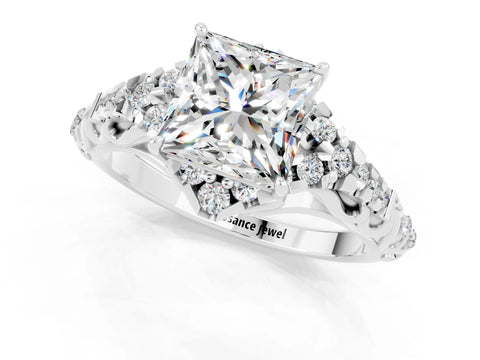 White gold Princess Cut Moissanite Solitaire Ring with Hidden Halo and Pavé Band_13