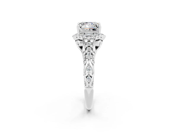White gold Princess Cut Moissanite Solitaire Ring with Hidden Halo and Pavé Band