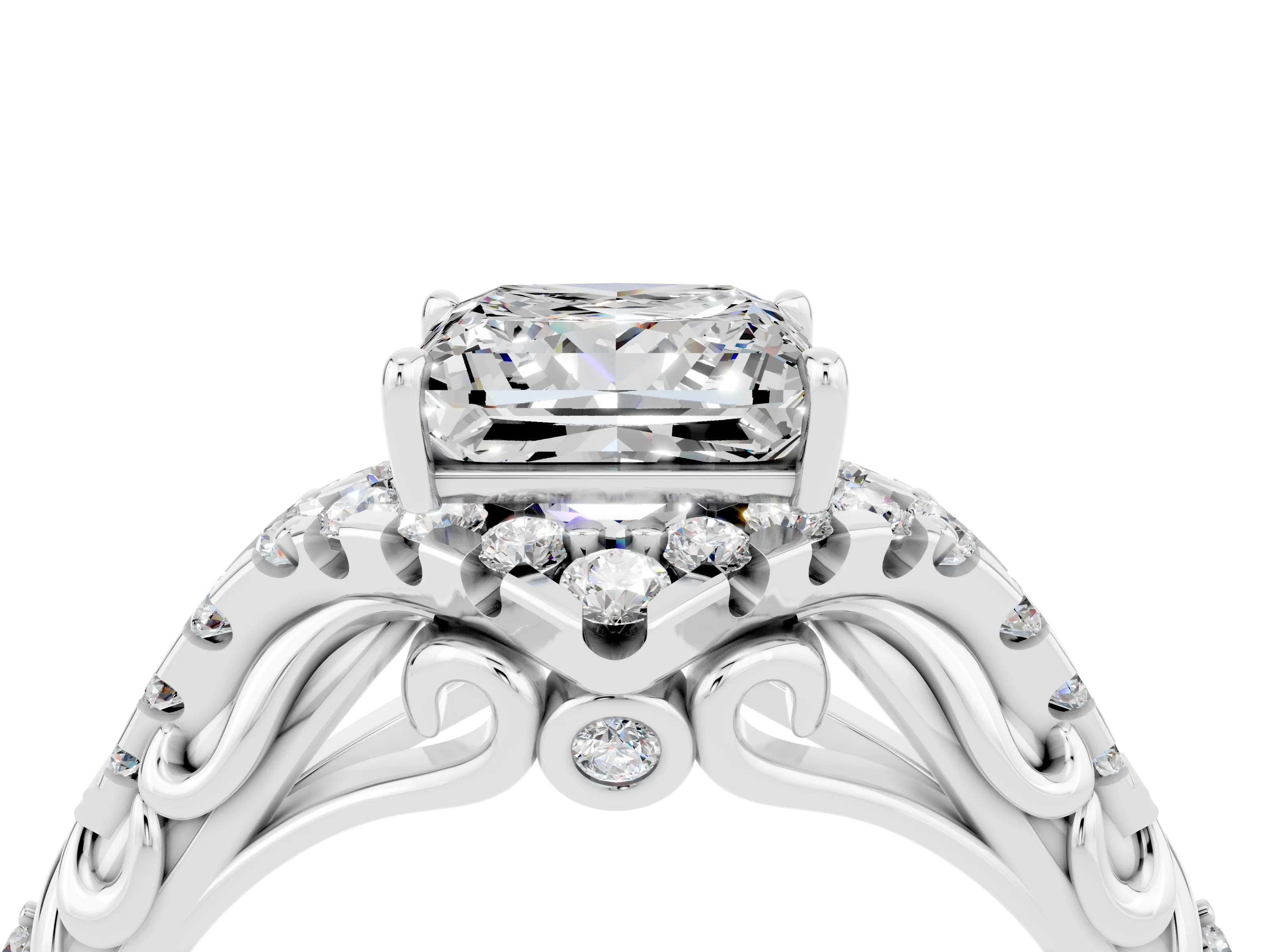White gold Princess Cut Moissanite Solitaire Ring with Hidden Halo and Pavé Band_16