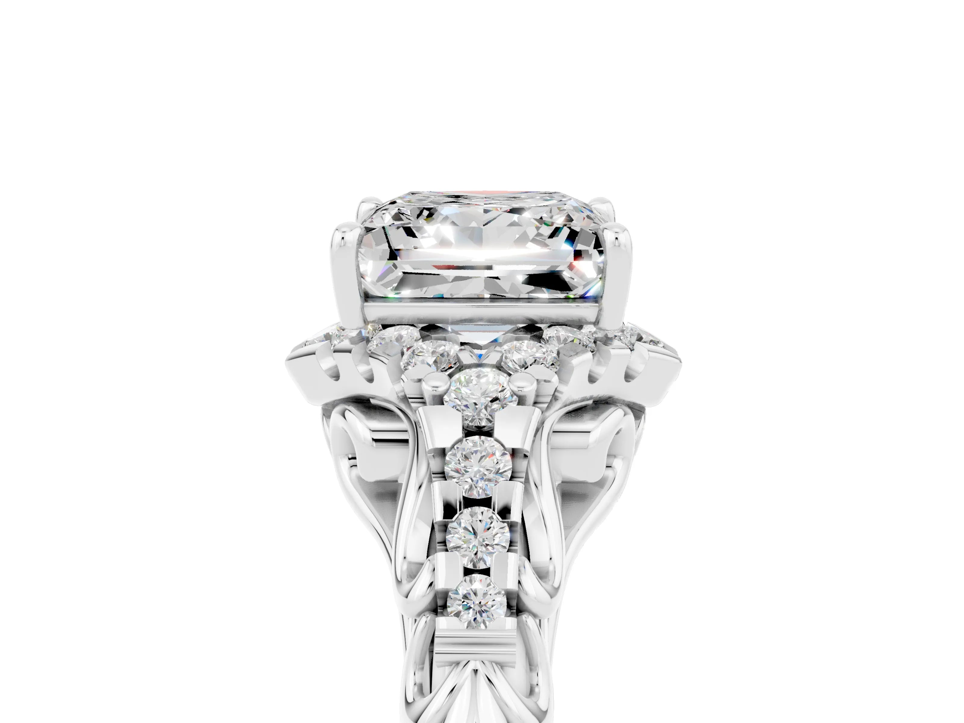 White gold Princess Cut Moissanite Solitaire Ring with Hidden Halo and Pavé Band_17