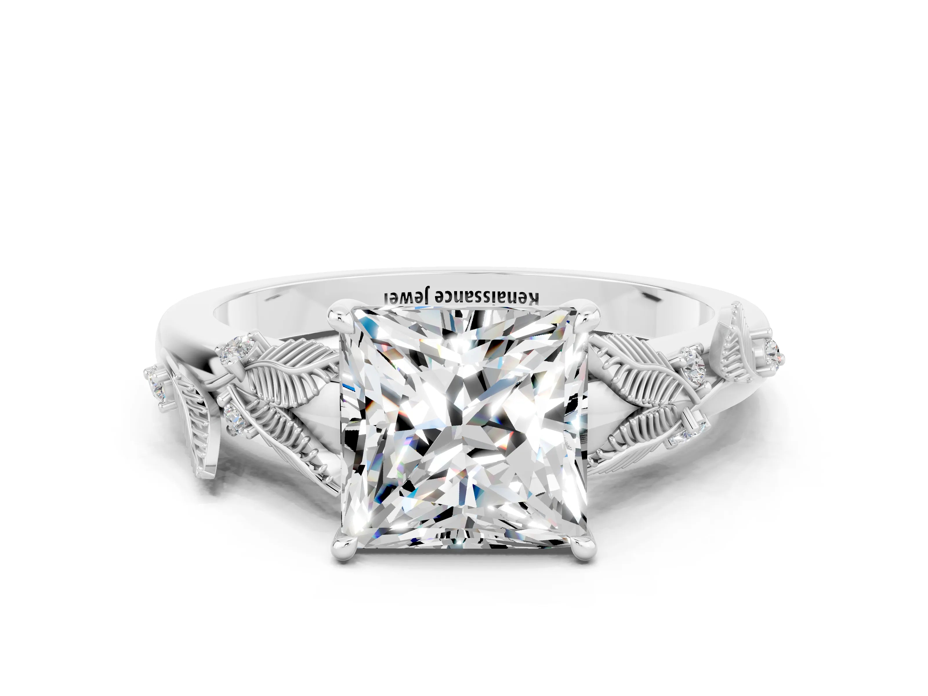 White gold Princess Cut Moissanite Solitaire Ring with Leaf Motif Band and Four-Prong Setting_12