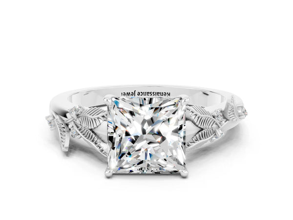 White gold Princess Cut Moissanite Solitaire Ring with Leaf Motif Band and Four-Prong Setting