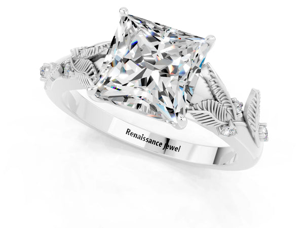 White gold Princess Cut Moissanite Solitaire Ring with Leaf Motif Band and Four-Prong Setting