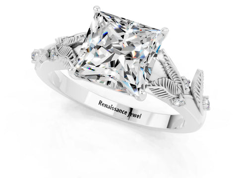 White gold Princess Cut Moissanite Solitaire Ring with Leaf Motif Band and Four-Prong Setting_13