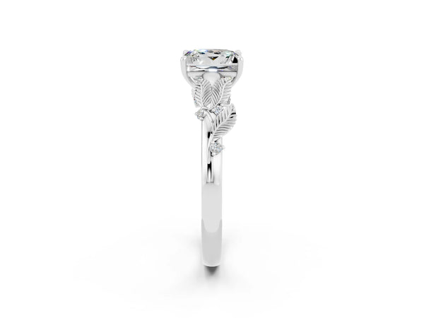 White gold Princess Cut Moissanite Solitaire Ring with Leaf Motif Band and Four-Prong Setting