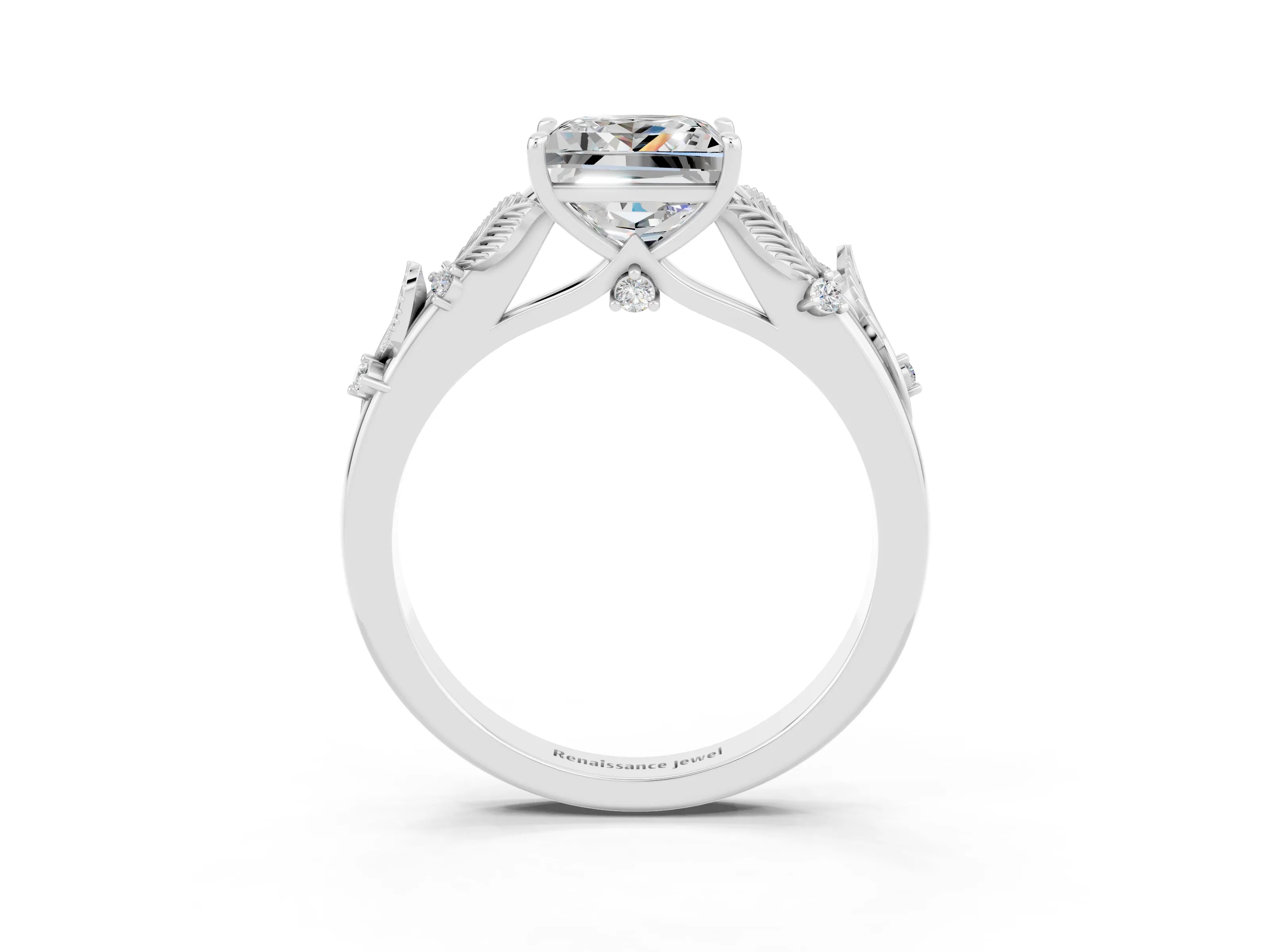 White gold Princess Cut Moissanite Solitaire Ring with Leaf Motif Band and Four-Prong Setting_15