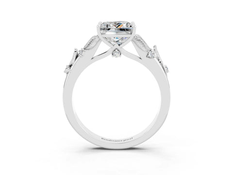 White gold Princess Cut Moissanite Solitaire Ring with Leaf Motif Band and Four-Prong Setting_15