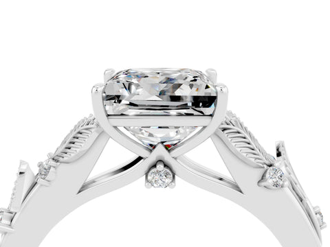 White gold Princess Cut Moissanite Solitaire Ring with Leaf Motif Band and Four-Prong Setting_16