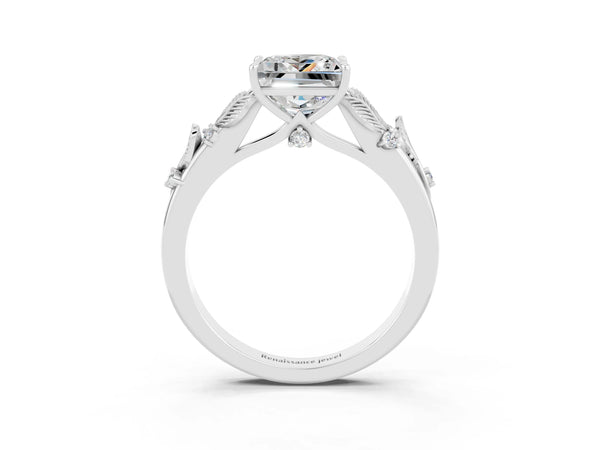 Silver Princess Cut Moissanite Solitaire Ring with Leaf Motif Band and Four-Prong Setting
