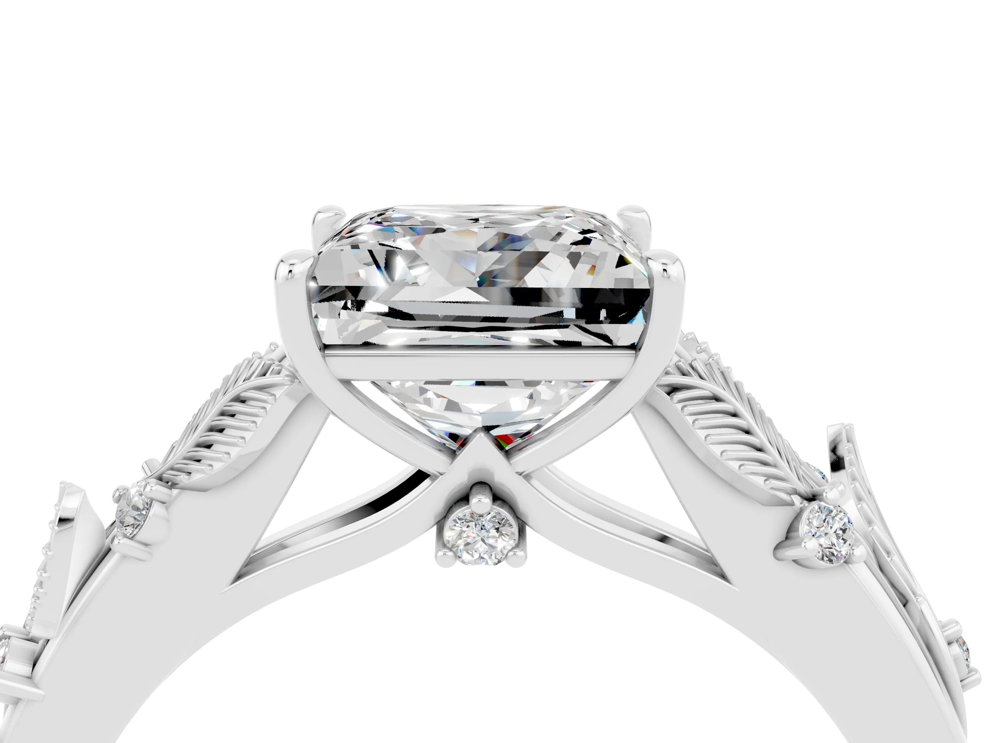White gold Princess Cut Moissanite Solitaire Ring with Leaf Motif Band and Four-Prong Setting_4