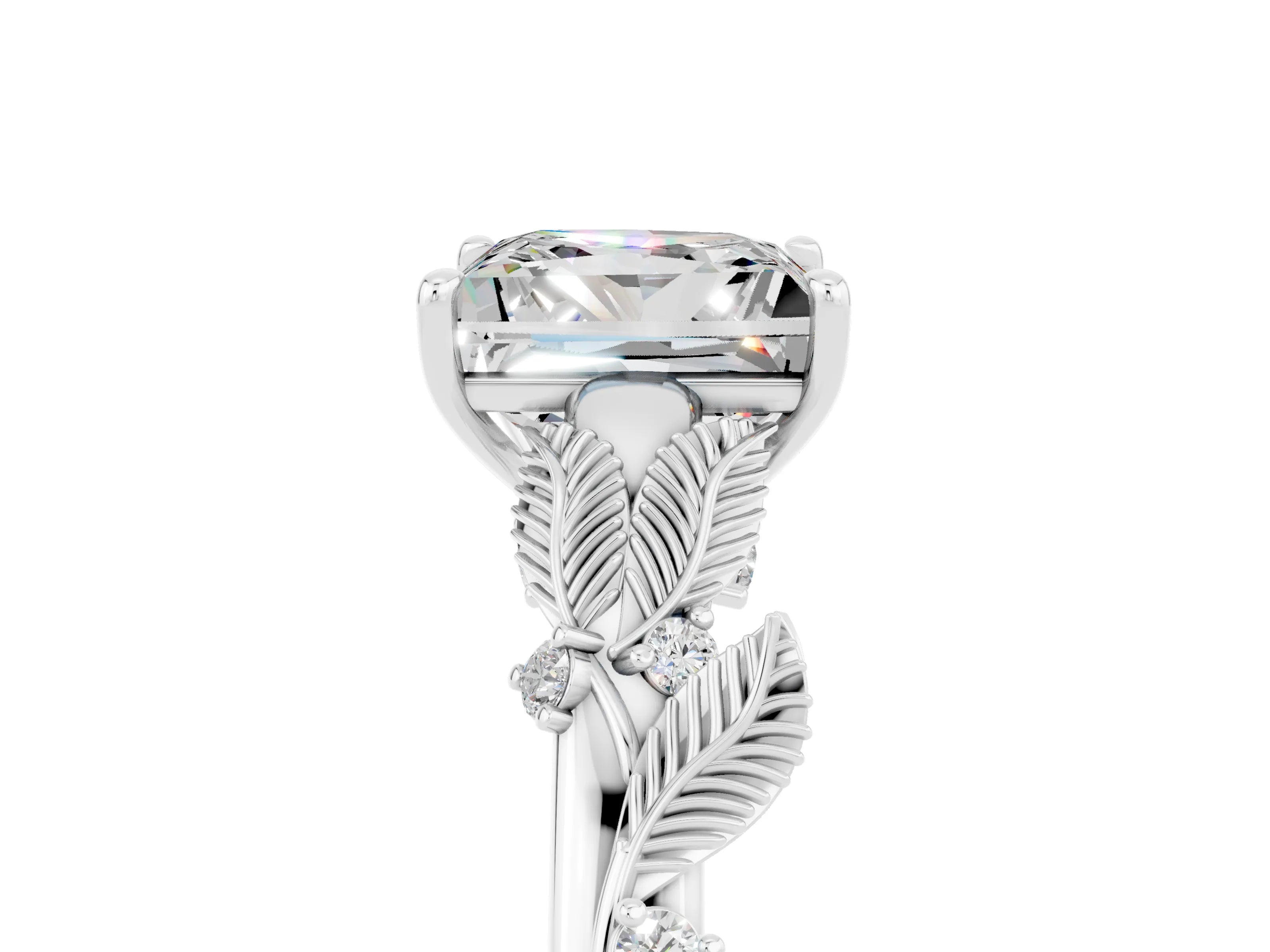 White gold Princess Cut Moissanite Solitaire Ring with Leaf Motif Band and Four-Prong Setting_5
