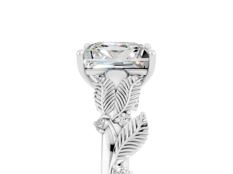 White gold Princess Cut Moissanite Solitaire Ring with Leaf Motif Band and Four-Prong Setting_5
