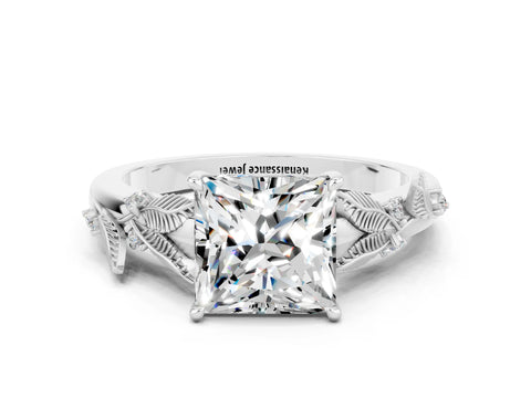 White gold Princess Cut Moissanite Solitaire Ring with Leaf Motif Band and Four-Prong Setting