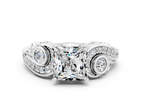 White gold Princess Cut Moissanite Solitaire Ring with Milgrain Pavé Band and Four-Prong Setting_12