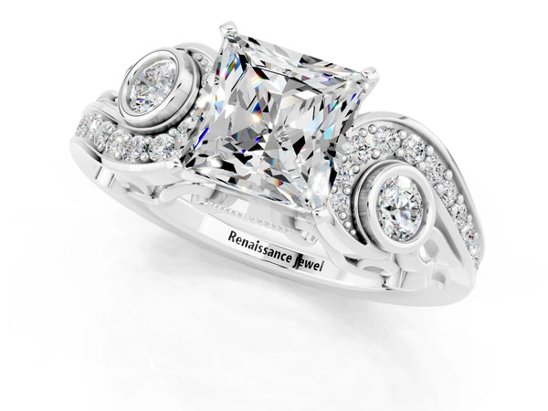 Platinum Princess Cut Moissanite Solitaire Ring with Milgrain Pavé Band and Four-Prong Setting