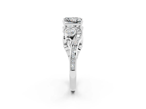 Silver Princess Cut Moissanite Solitaire Ring with Milgrain Pavé Band and Four-Prong Setting
