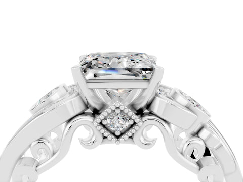 White gold Princess Cut Moissanite Solitaire Ring with Milgrain Pavé Band and Four-Prong Setting_16