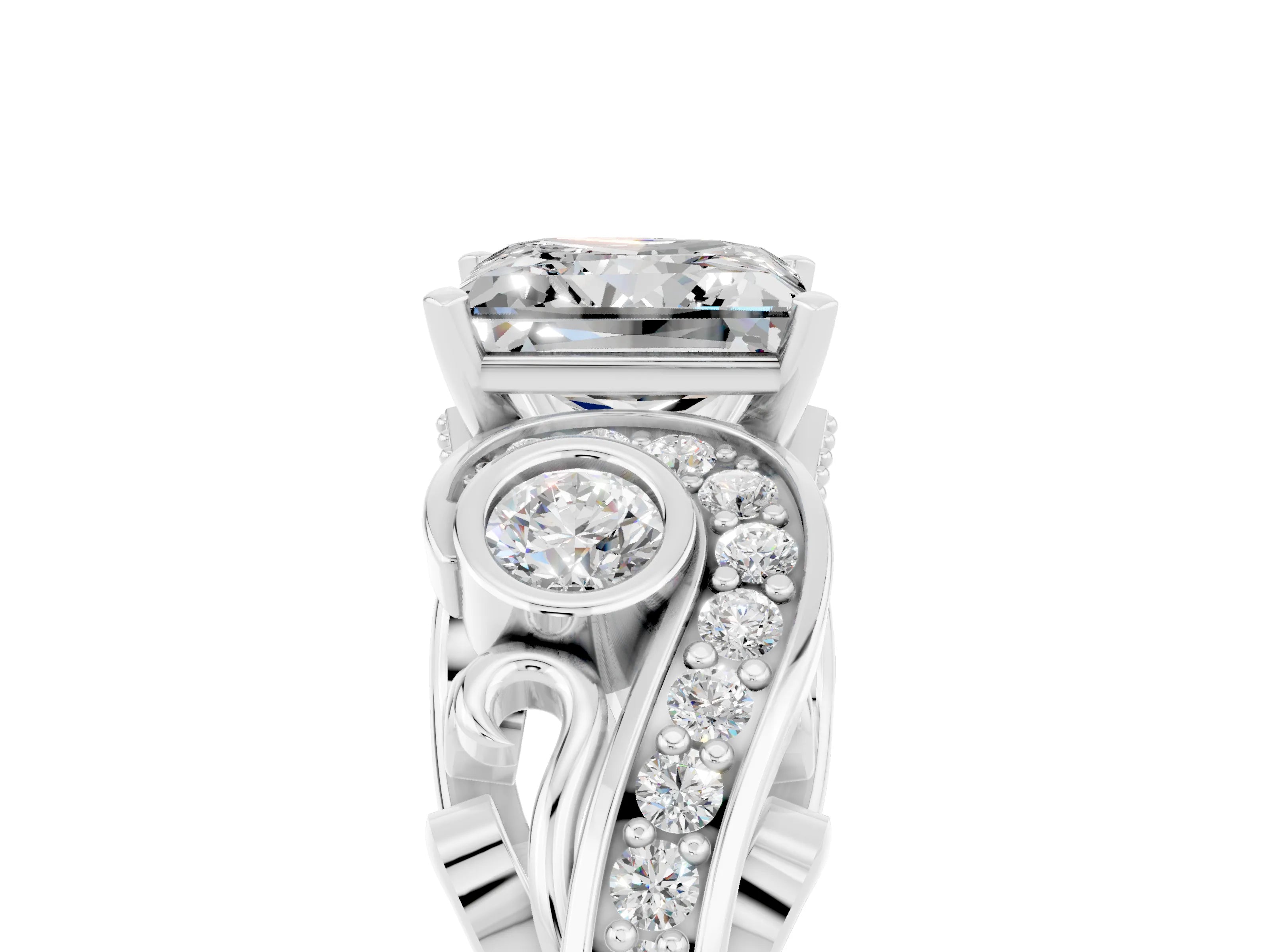 White gold Princess Cut Moissanite Solitaire Ring with Milgrain Pavé Band and Four-Prong Setting_17
