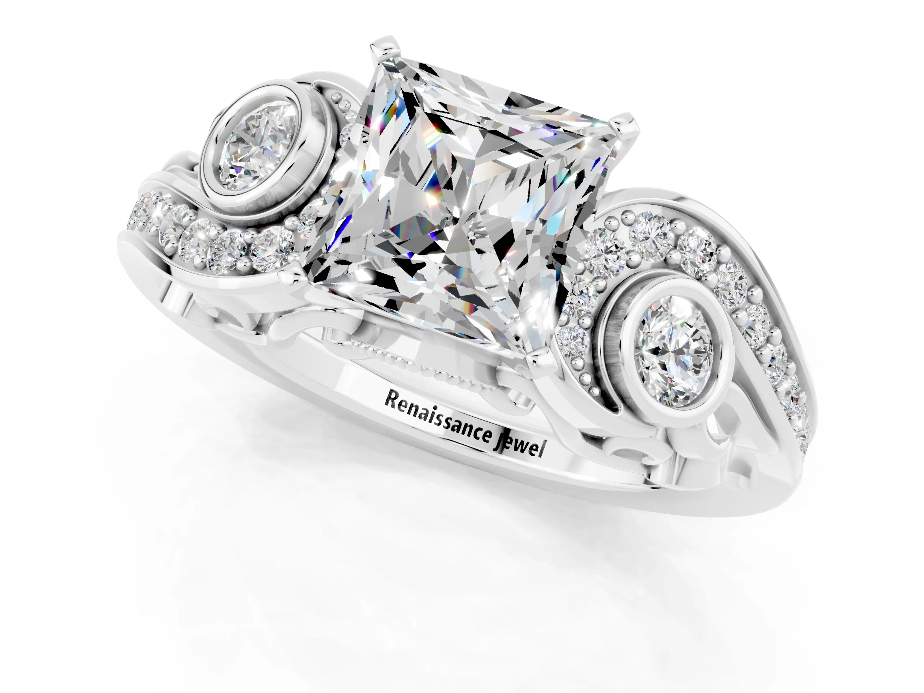 White gold Princess Cut Moissanite Solitaire Ring with Milgrain Pavé Band and Four-Prong Setting_49